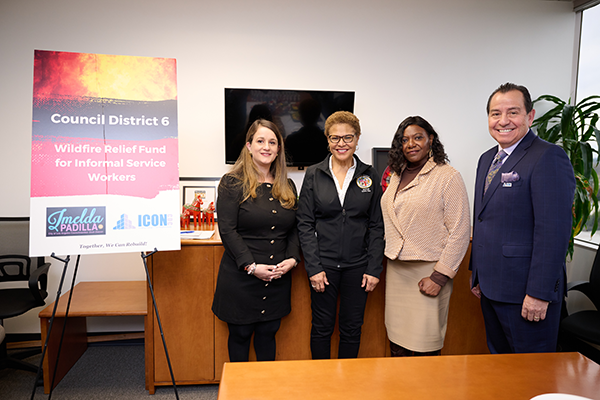 Councilmember Imelda Padilla with Mayor Karen Bass, EWDD General Manager Carolyn Hull, and South Valley BusinessSource Executive Director Roberto Barragan announces the launch of CD6's Wildfire Relief Fund for Impacted Service Workers